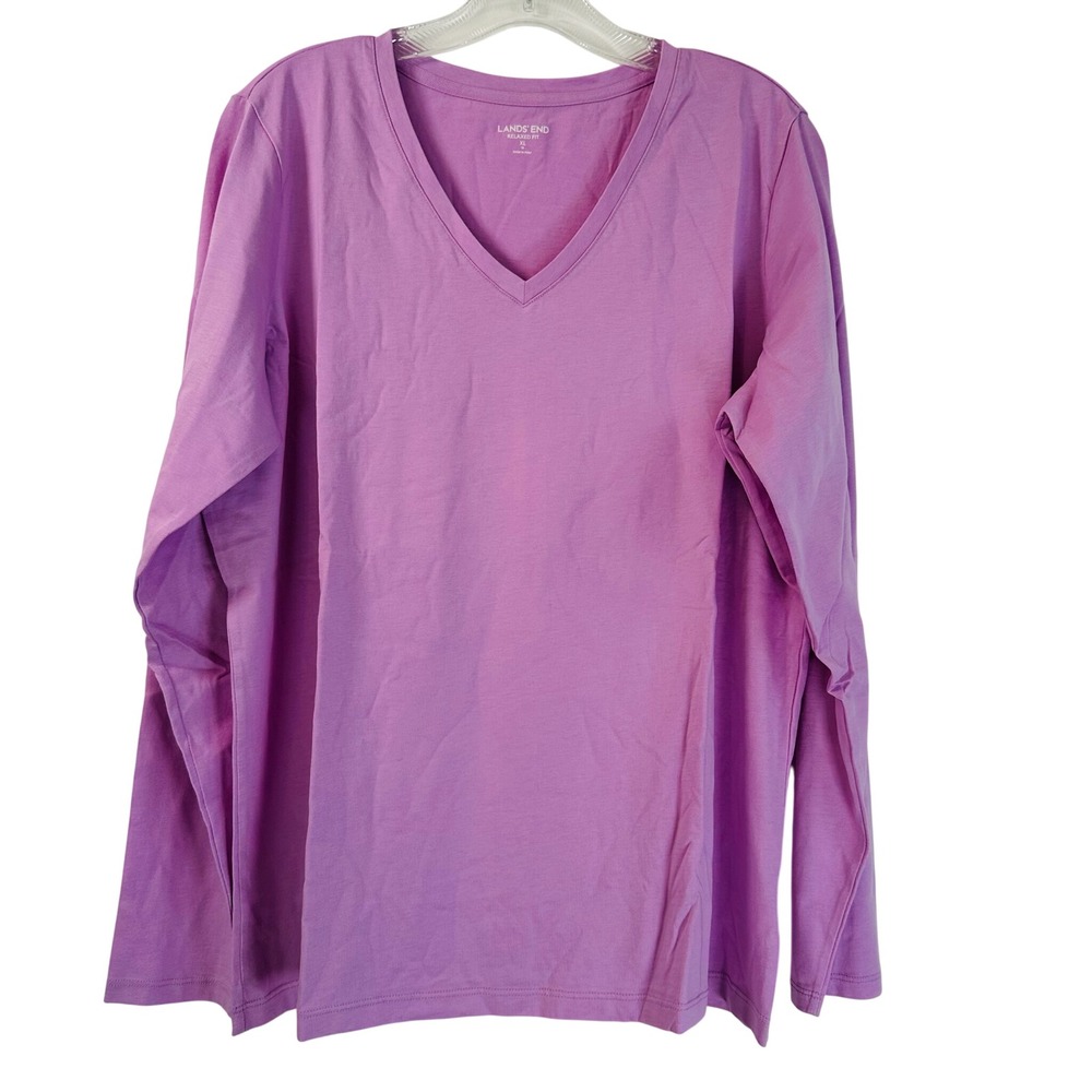 Lands End Womens XL Purple Supima Cotton Long Sleeve V-Neck Relaxed Fit T-Shirt